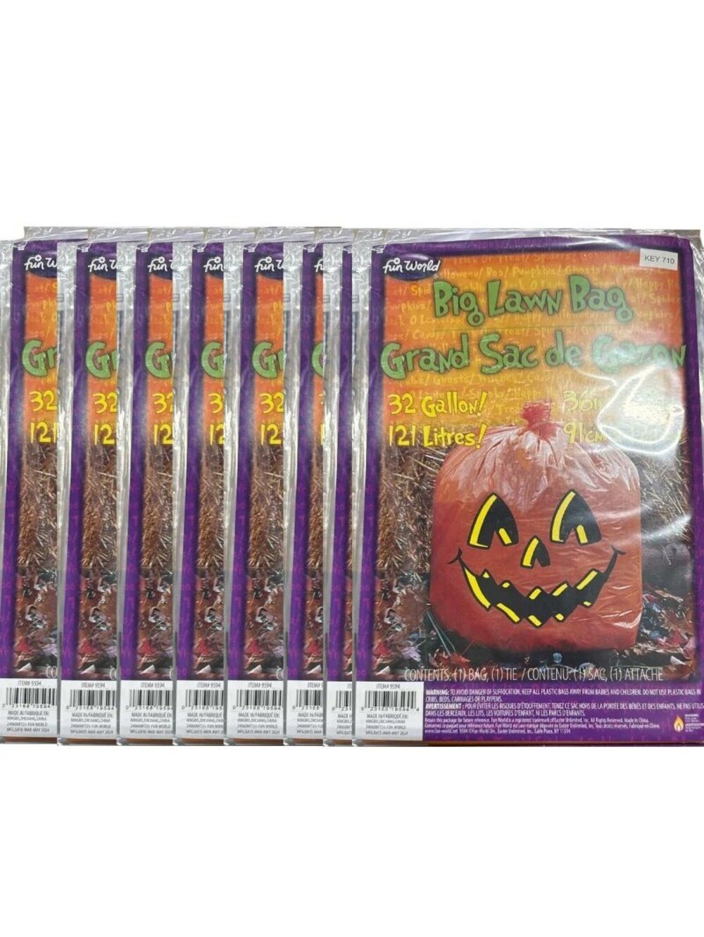 Fun World Jack O Lantern Lawn Bags 32 Gallon 36x48 Halloween 8 Pack New
